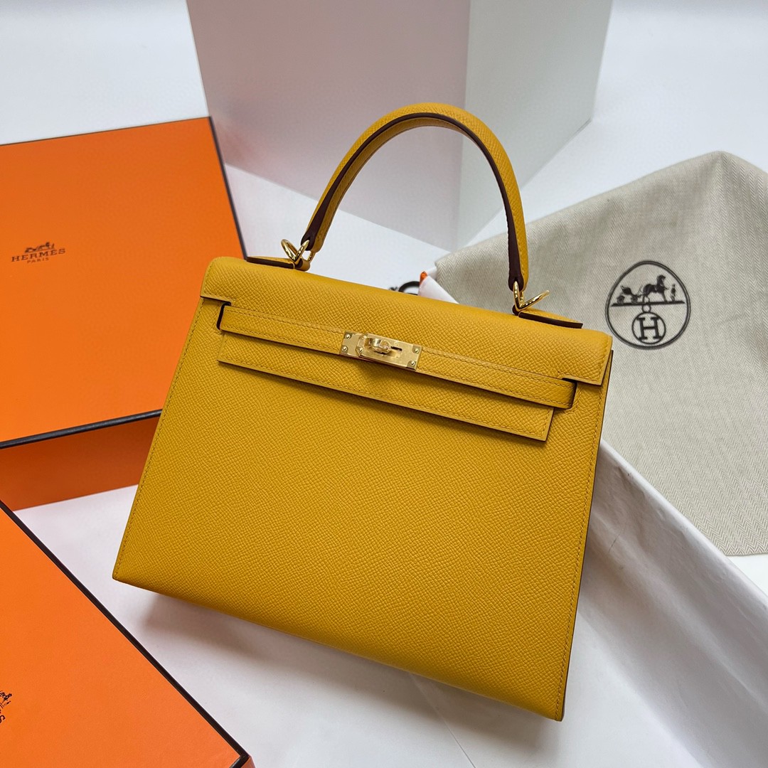Hermès（爱马仕）Kelly 凯莉包 Epsom 原厂掌纹皮 9D 琥珀黄 Ambre 金扣 GHW 25cm 顶级手缝