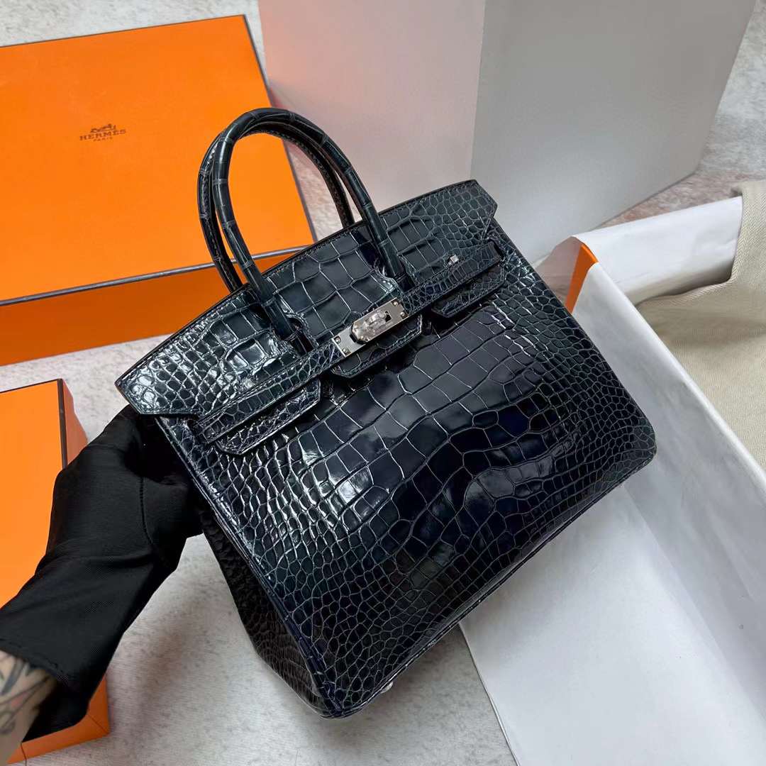 Hermès（爱马仕）Birkin 铂金包 亮面美洲鳄鱼皮 Shiny Alligator Crocodile 6Q 翡翠绿 银扣 25cm 全手工蜡线缝制 Phw