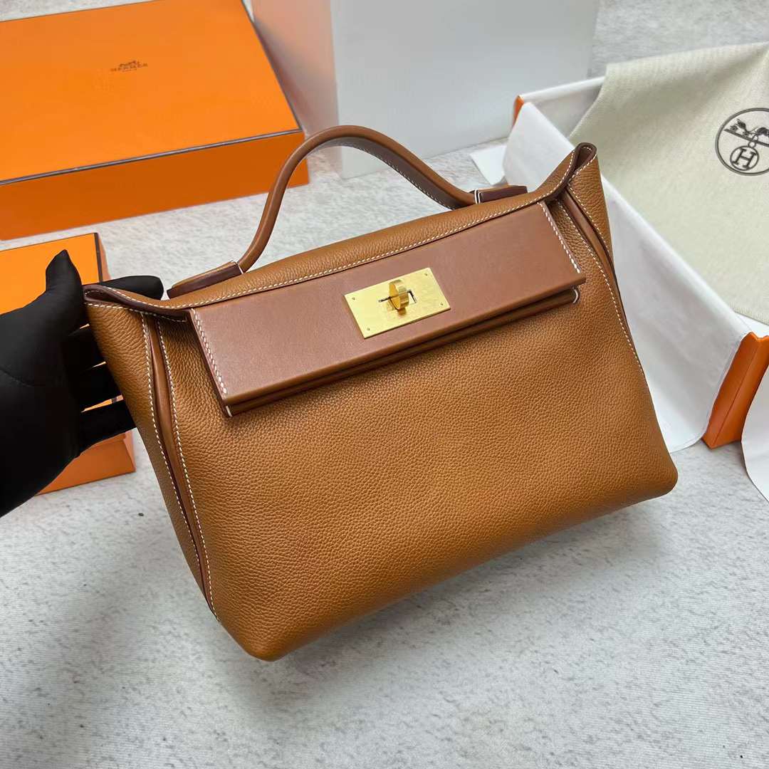 Hermès（爱马仕）Kelly 2424 Barenia 颗粒马鞍皮 拼 平纹马鞍皮 34 金棕色 金扣 29cm 全手工蜡线缝制 Ghw
