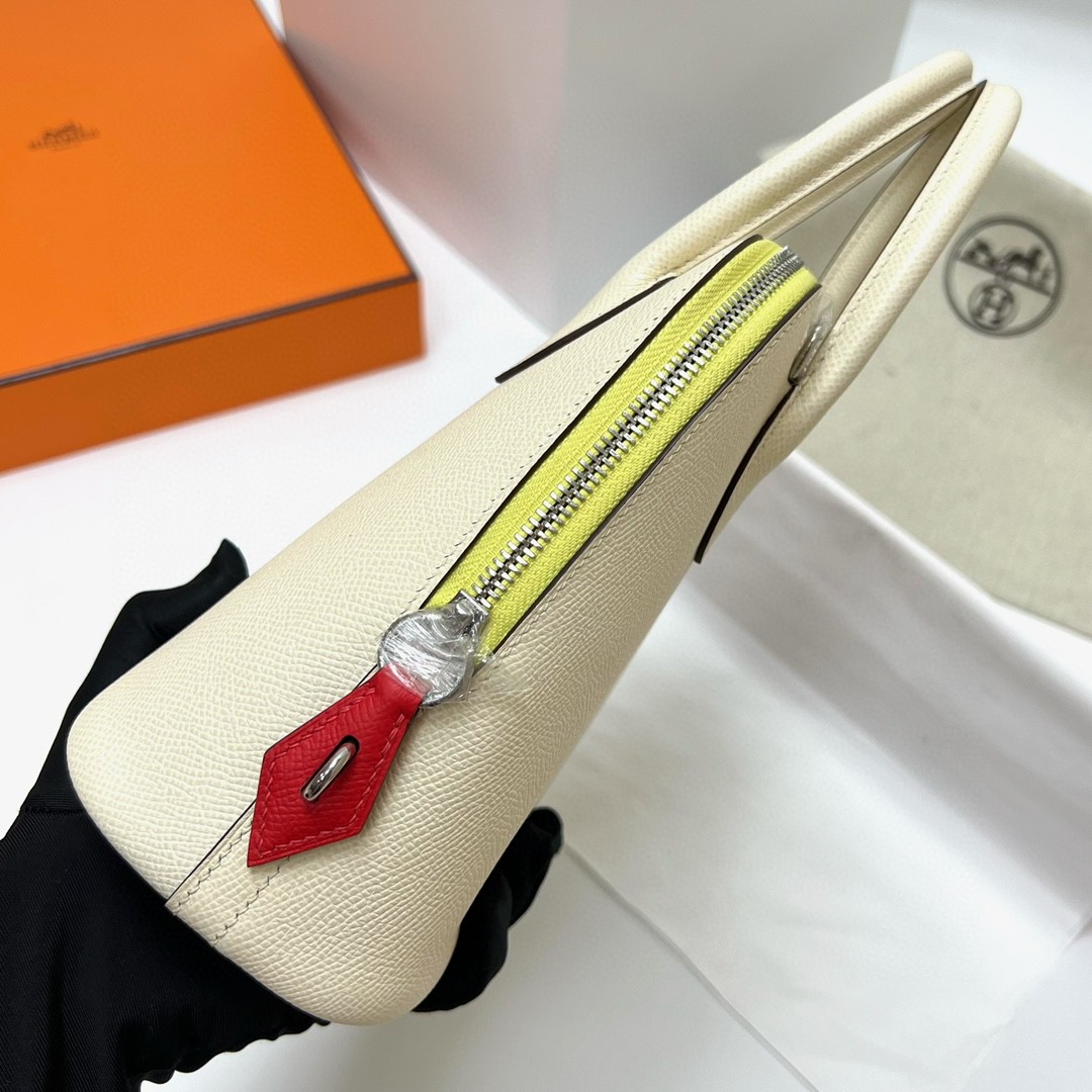 Hermès（爱马仕）Bolide 保龄球包 Epsom 掌纹皮 nata 奶油白 三拼 银扣 25cm 顶级手缝