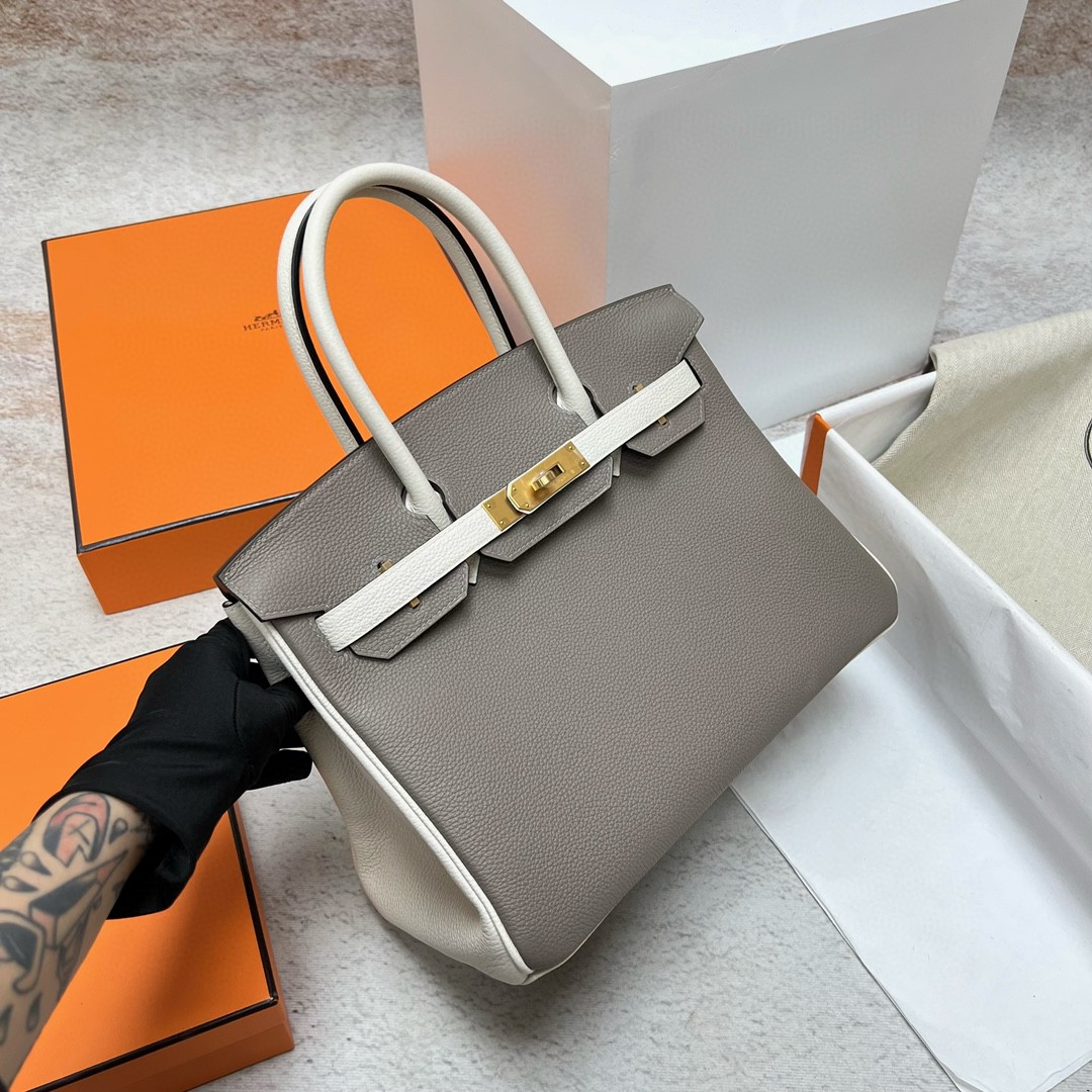 Hermès（爱马仕）Birkin 铂金包 togo 小牛皮 沥青灰 拼 奶油白 金扣 GHW 马蹄印 30cm 顶级手缝