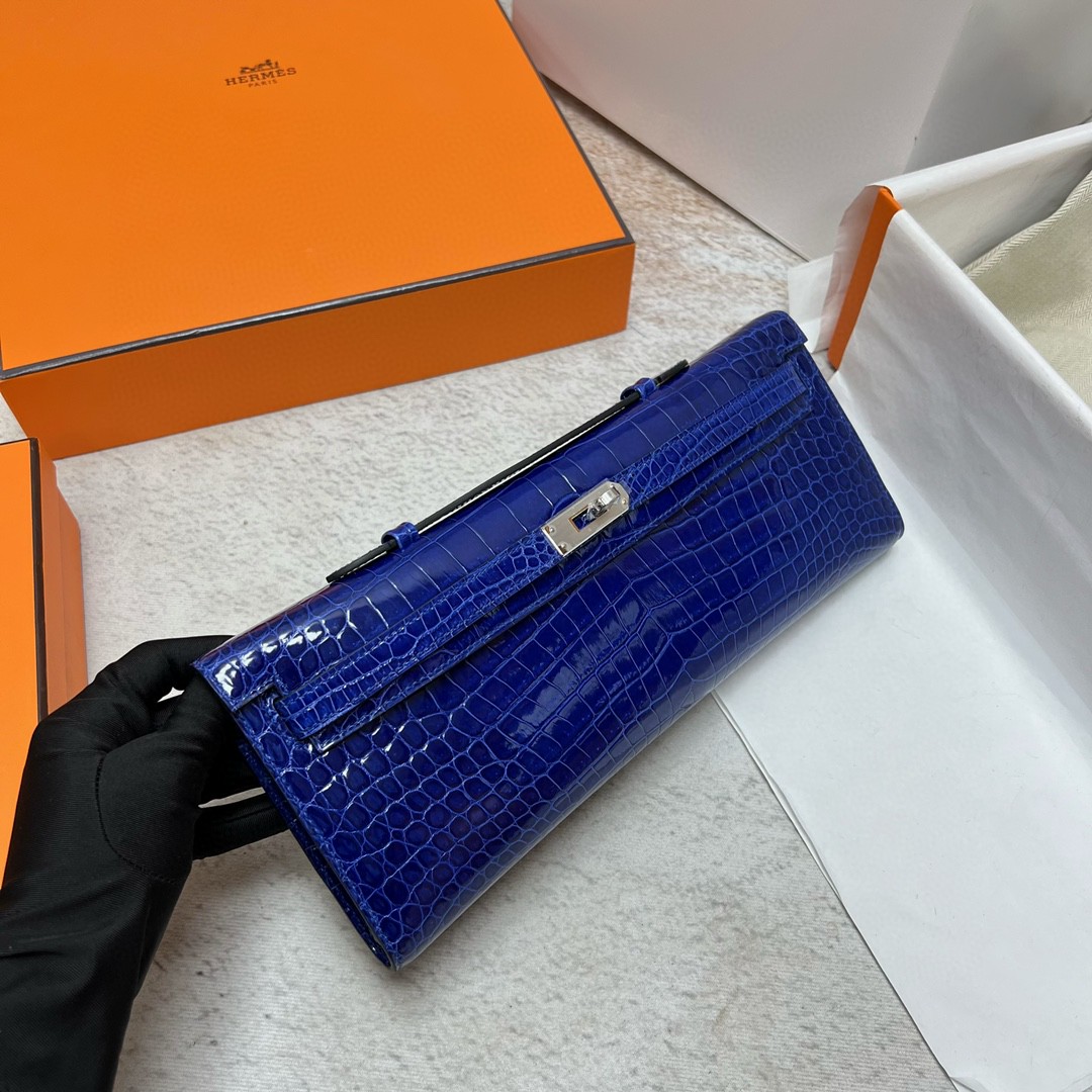 Hermès（爱马仕）Kelly cut Porosus shiny 亮面鳄鱼皮 7T 电光蓝 blue eletric 银扣 PHW 31cm 顶级手缝