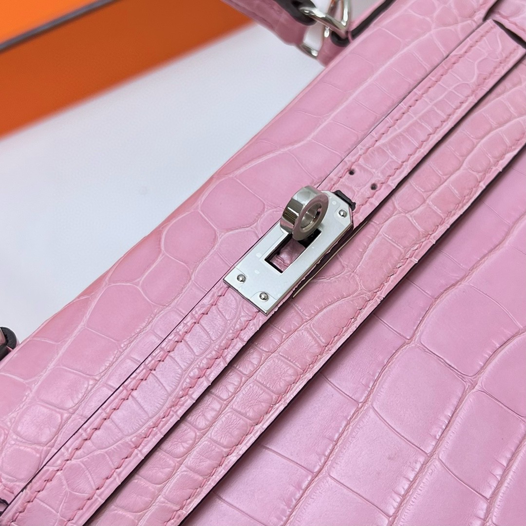 Hermès（爱马仕）Kelly 凯莉包 Alligator matt 雾面美洲鳄鱼皮 5P 樱花粉 银扣 PHW 25cm 顶级手缝