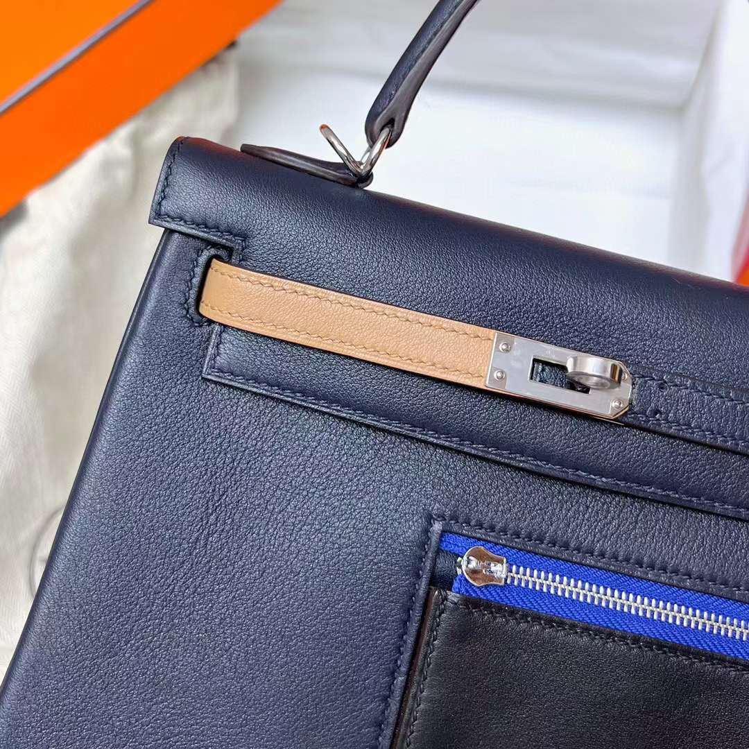Hermès（爱马仕）Kelly 凯莉包 Colormatic Swift 2Z 午夜蓝 银扣 25cm 全手工蜡线缝制 Phw