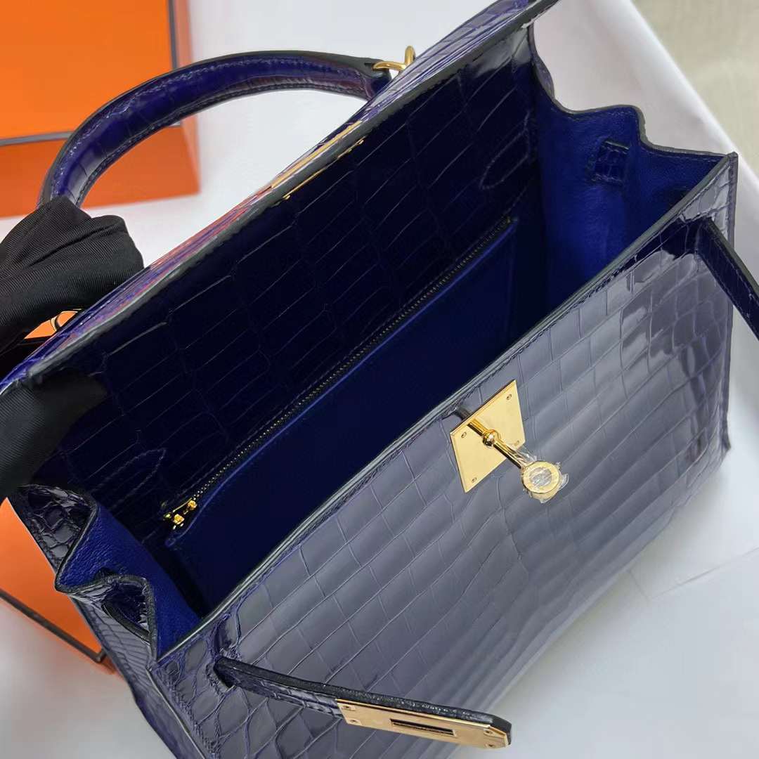 Hermès（爱马仕）Kelly 凯莉包 亮面尼罗鳄鱼皮 Shiny Nilo Crocodile 7T 电光蓝 金扣 28cm 全手工蜡线缝制 Ghw