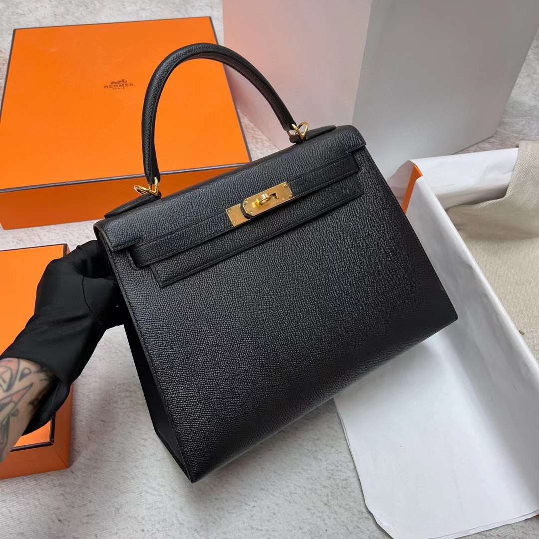 Hermès（爱马仕）Kelly 凯莉包 Epsom Ck89 黑色 金扣 28cm 全手工蜡线缝制 Ghw