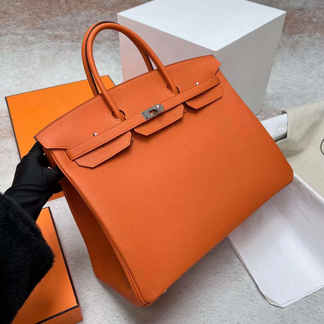 Hermès（爱马仕）Birkin 铂金包 Togo Ck93 橙色 内拼 玫瑰紫 银扣 40cm 全手工蜡线缝制 Phw