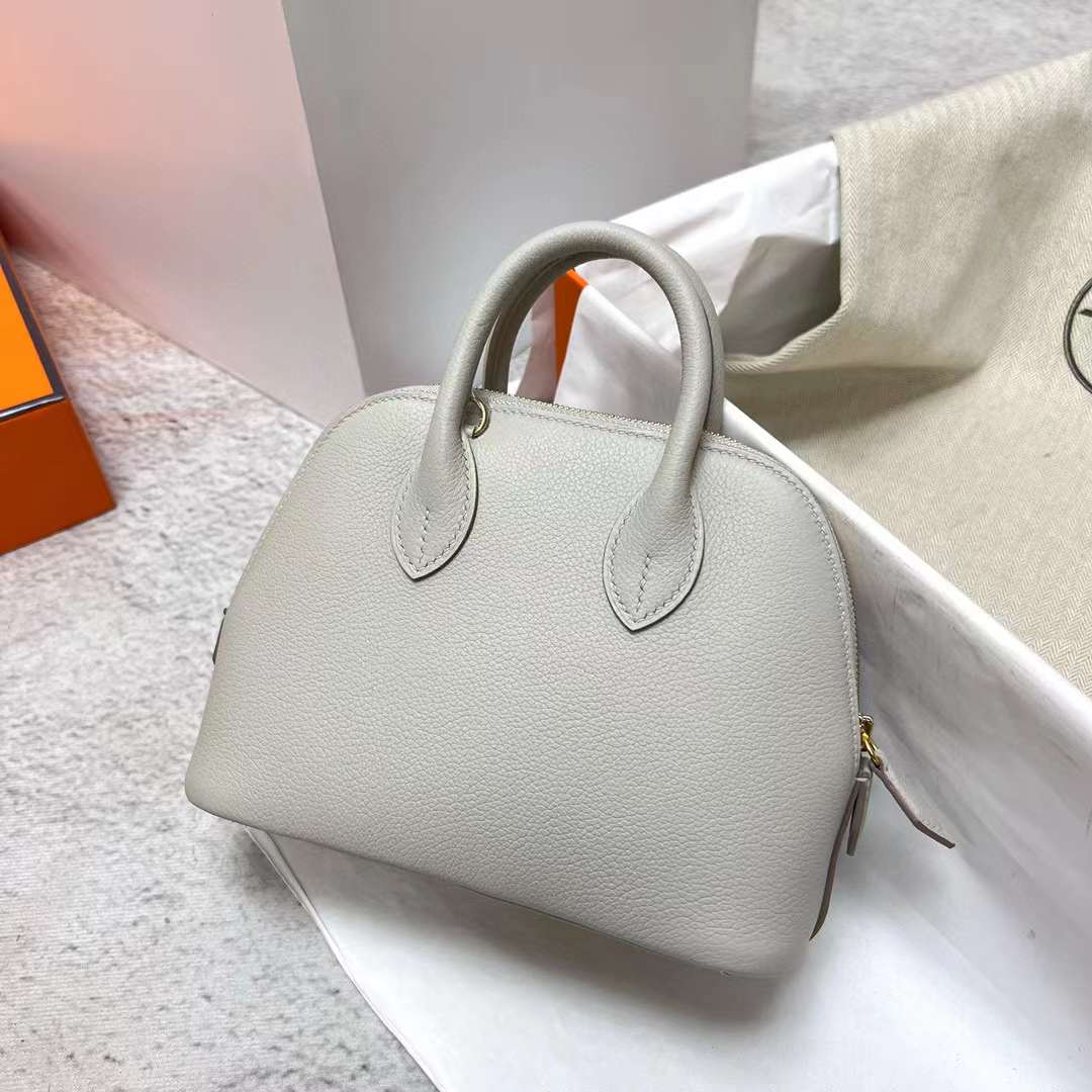 Hermès（爱马仕）Mini Bolide 迷你保龄球包 Evercolor Ck80 珍珠灰 金扣 19cm 全手工蜡线缝制 Ghw