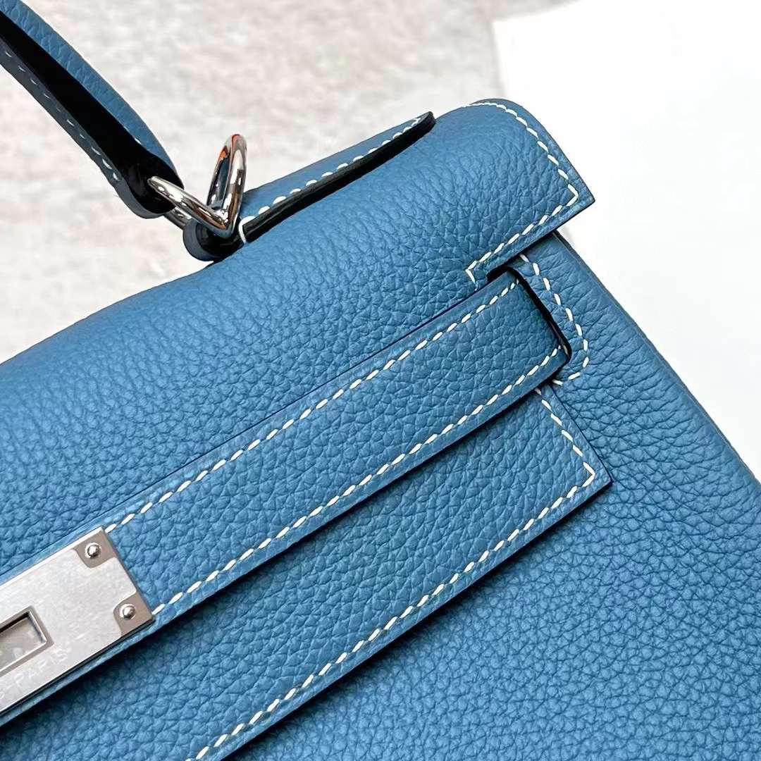 Hermès（爱马仕）Kelly 凯莉包 Togo Ck75 牛仔蓝 银扣 28cm 全手工蜡线缝制 Phw