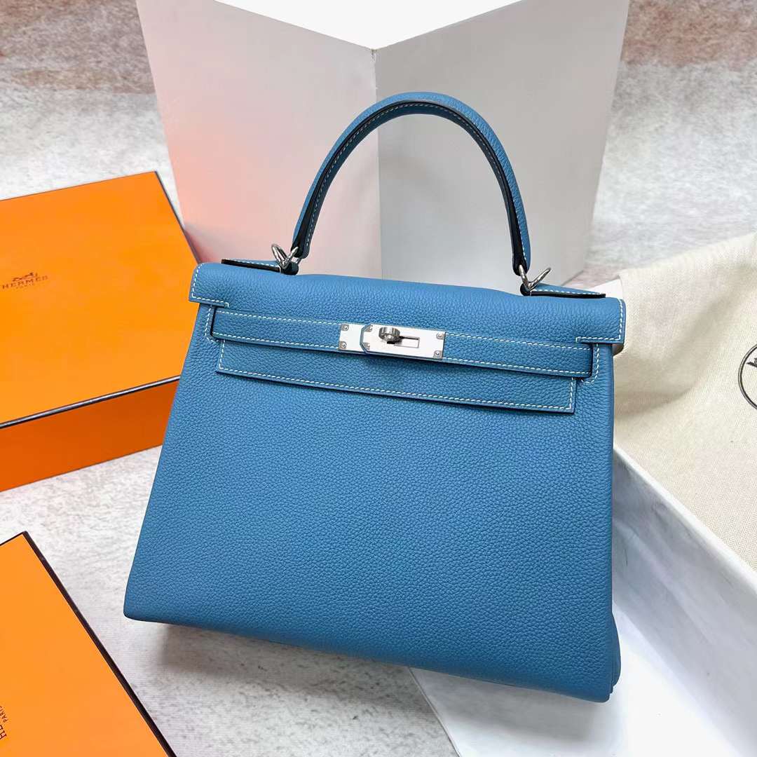Hermès（爱马仕）Kelly 凯莉包 Togo Ck75 牛仔蓝 银扣 28cm 全手工蜡线缝制 Phw