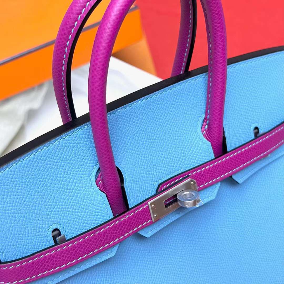 Hermès（爱马仕）Birkin 铂金包 Sellier Epsom P3 北方蓝 拼 L3 玫瑰紫 拉丝银扣 25cm 全手工蜡线缝制 MPhw