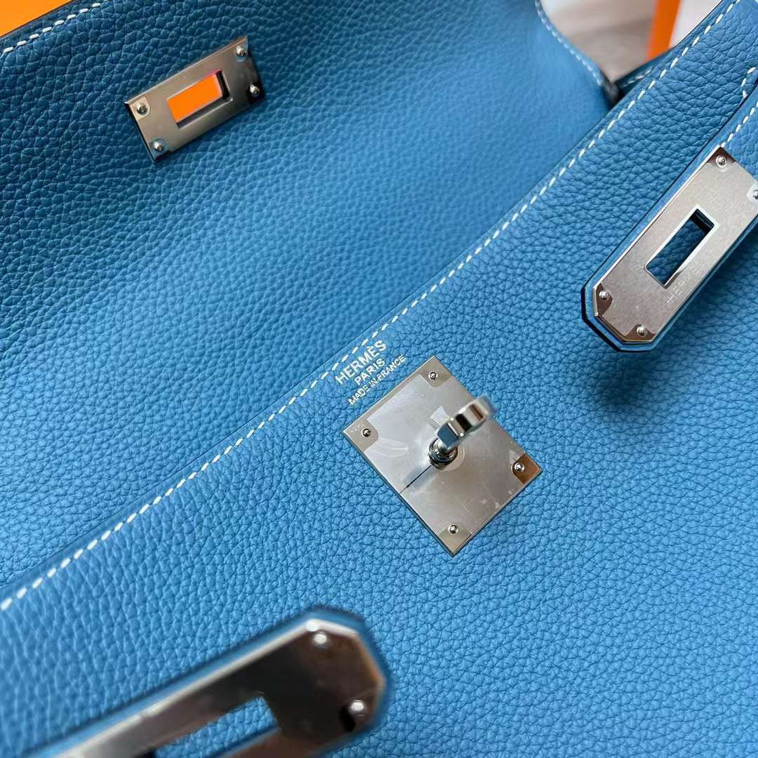 Hermès（爱马仕）Kelly 凯莉包 Togo Ck75 牛仔蓝 银扣 28cm 全手工蜡线缝制 Phw