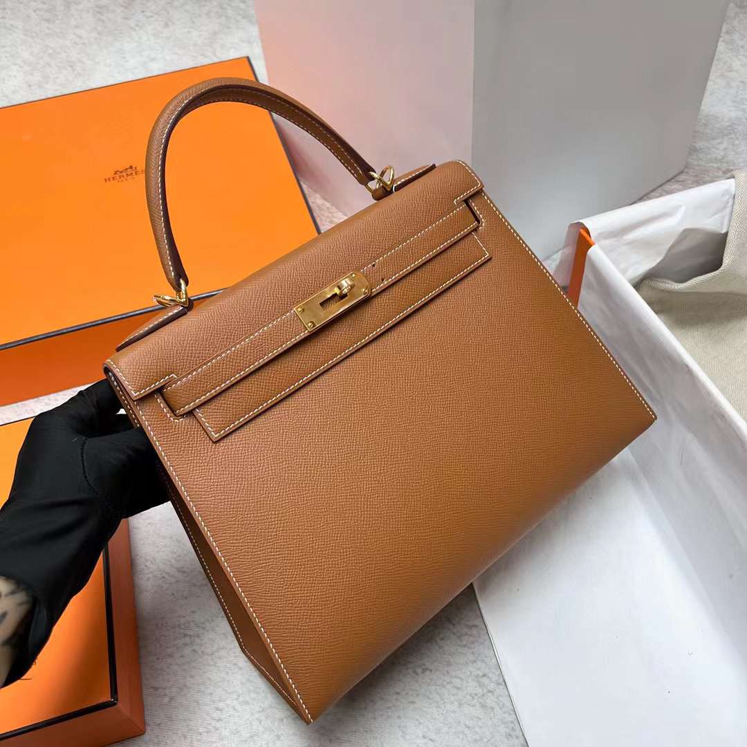 Hermès（爱马仕）Kelly 凯莉包 Epsom Ck37 金棕色 金扣 28cm 全手工蜡线缝制 Ghw