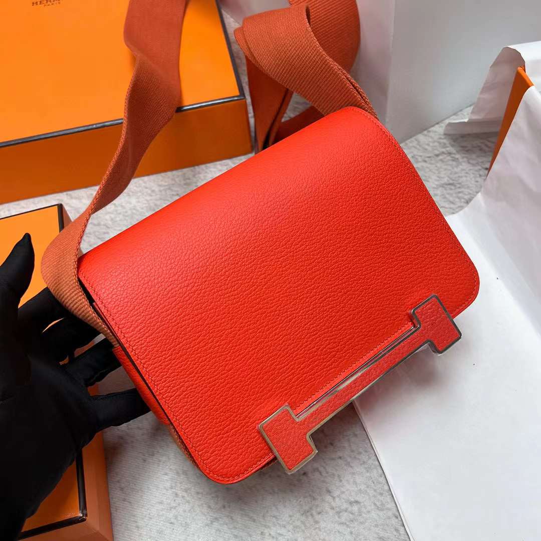 Hermès（爱马仕）Geta 木屐包 Chevre 进口山羊皮 J9 火焰橙 银扣 20cm 全手工蜡线缝制 Phw
