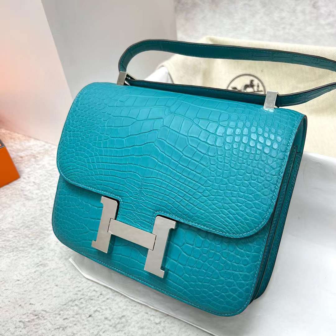 Hermès（爱马仕）Constance 空姐包 雾面美洲鳄鱼皮 Matte Alligator Crocodile 3z 圣西尔兰 银扣 24cm 全手工蜡线缝制 Phw