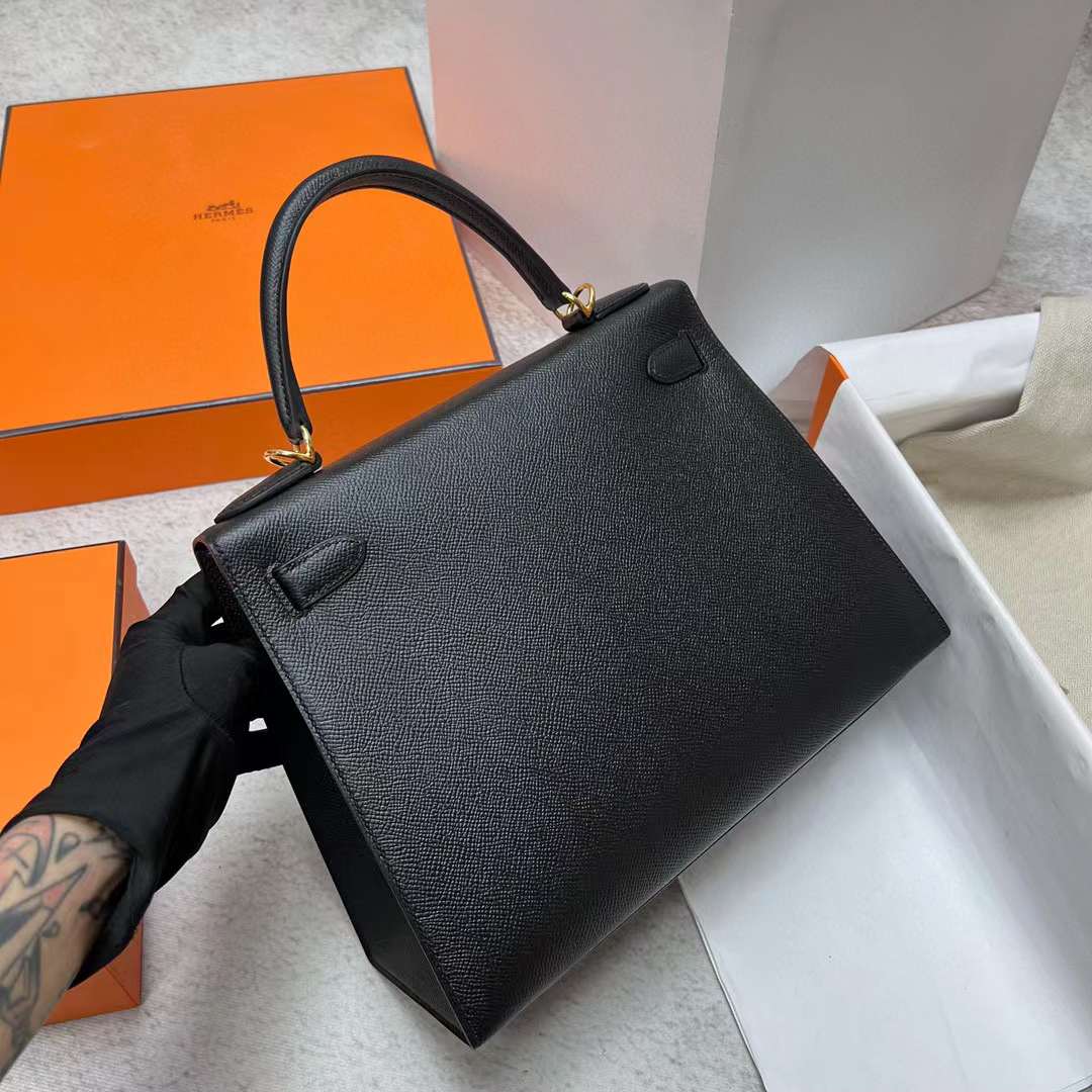 Hermès（爱马仕）Kelly 凯莉包 Epsom Ck89 黑色 金扣 28cm 全手工蜡线缝制 Ghw