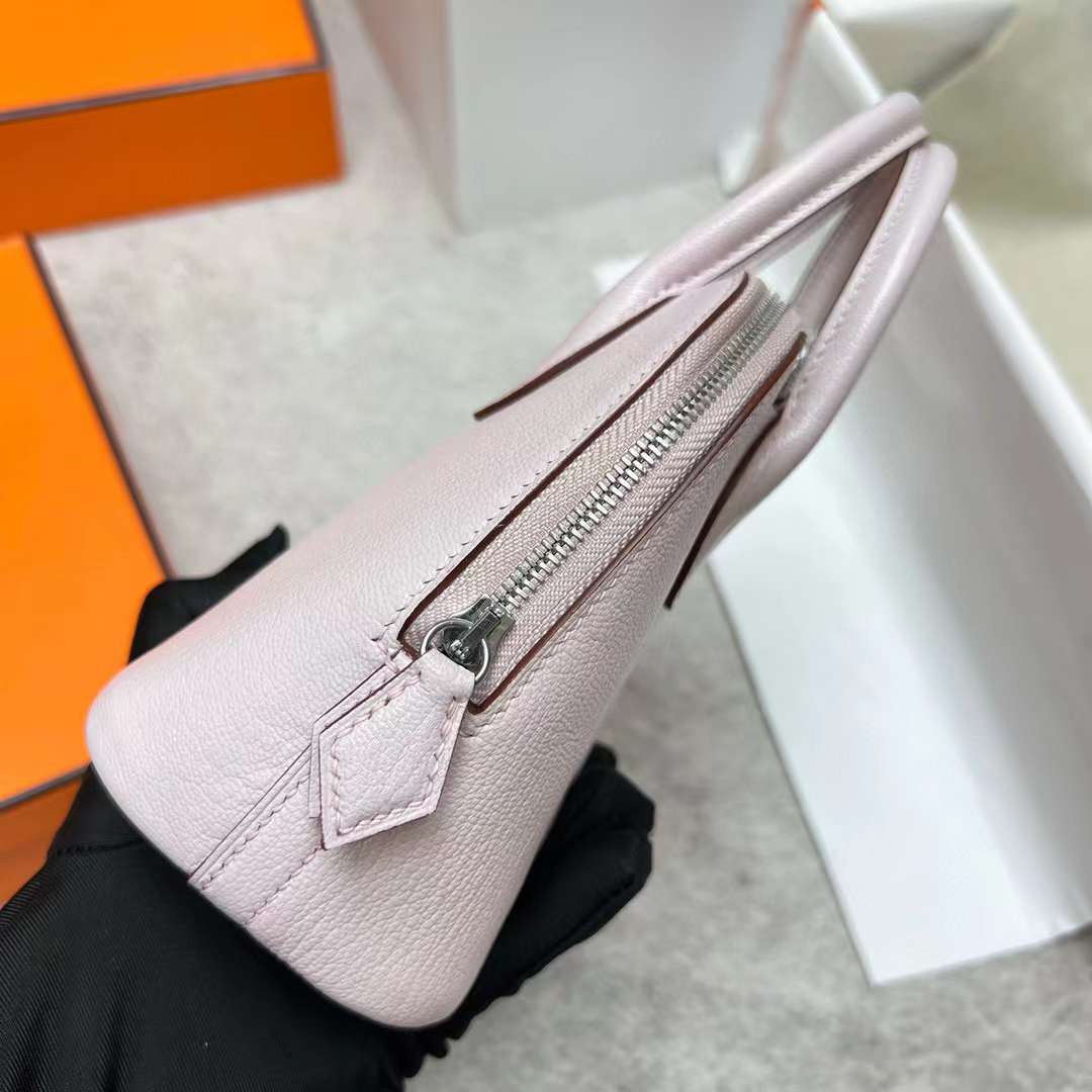 Hermès（爱马仕）Bolide 保龄球包 Chevre 进口山羊皮 09 梦幻粉紫 银扣 19cm 全手工蜡线缝制 Phw
