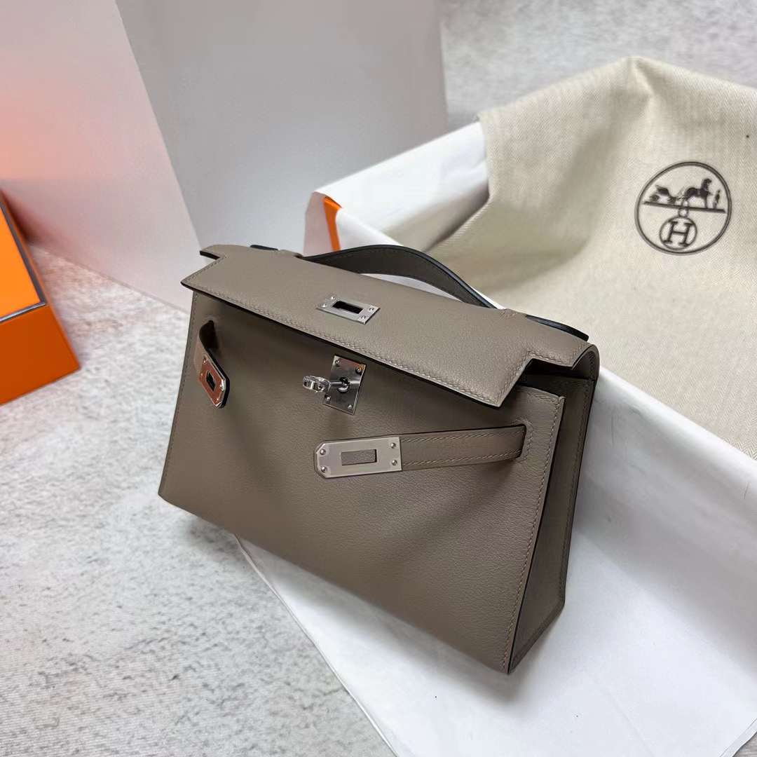 Hermès（爱马仕）Mini Kelly Pochette Swift M8 沥青灰 银扣 22cm 全手工蜡线缝制 Phw