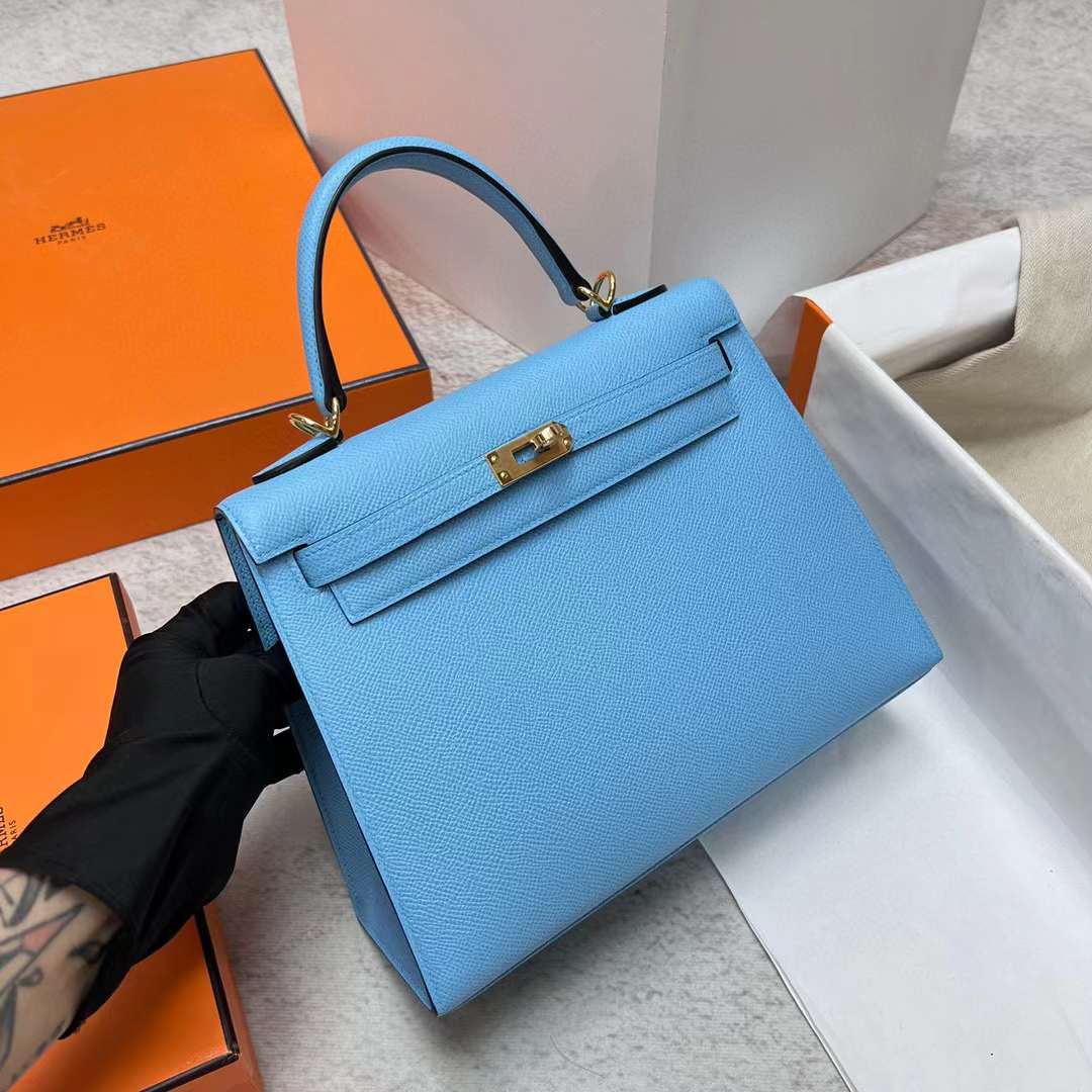 Hermès（爱马仕）Kelly 凯莉包 Epsom 7N 糖果蓝 金扣 25cm 全手工蜡线缝制 Ghw