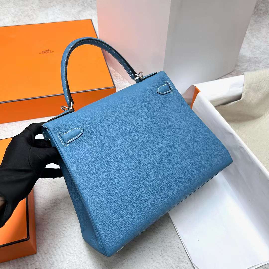 Hermès（爱马仕）Kelly 凯莉包 Togo Ck75 牛仔蓝 银扣 28cm 全手工蜡线缝制 Phw
