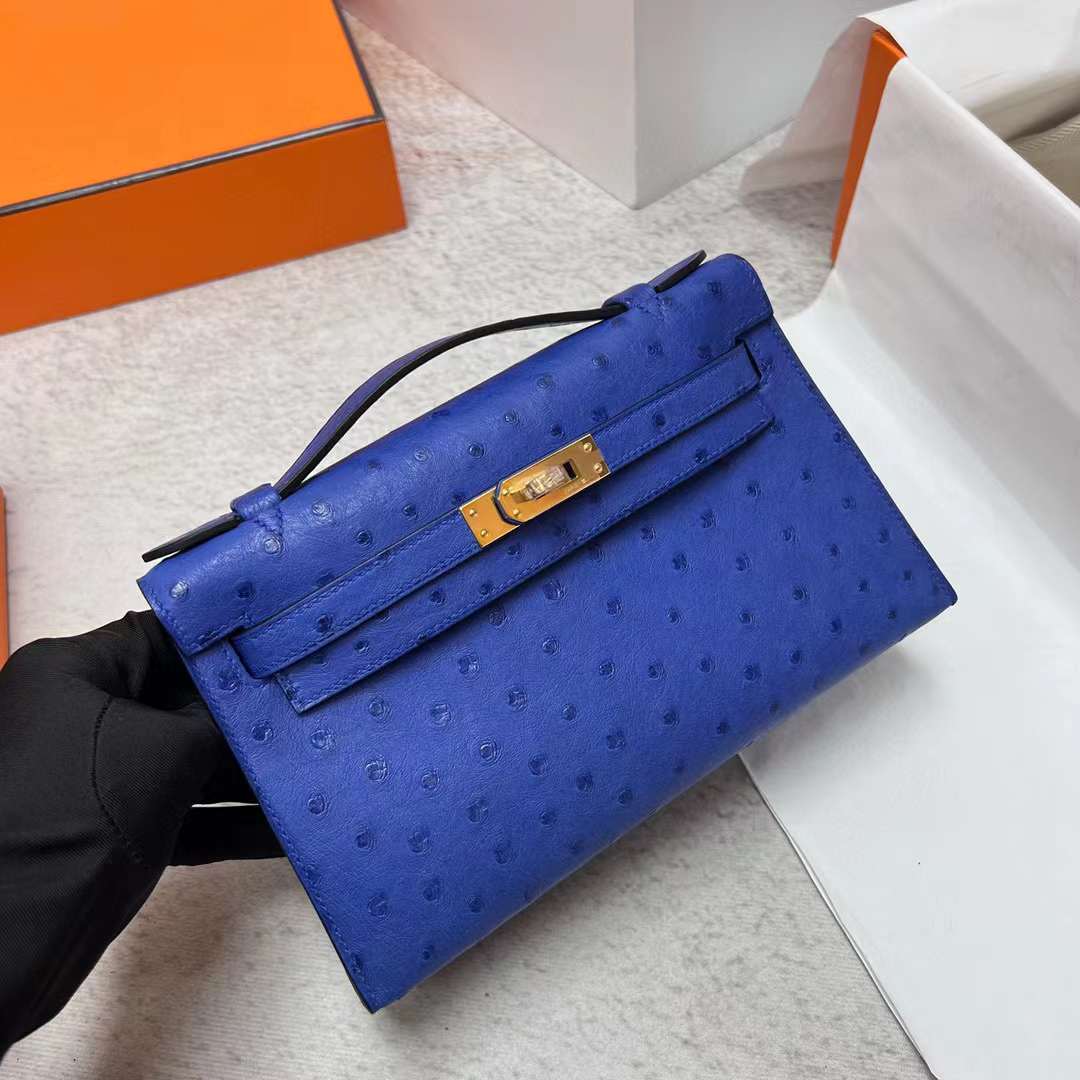 Hermès（爱马仕）Mini Kelly Pochette Ostrich 鸵鸟皮 7T 电光蓝 金扣 22cm 全手工蜡线缝制 Ghw