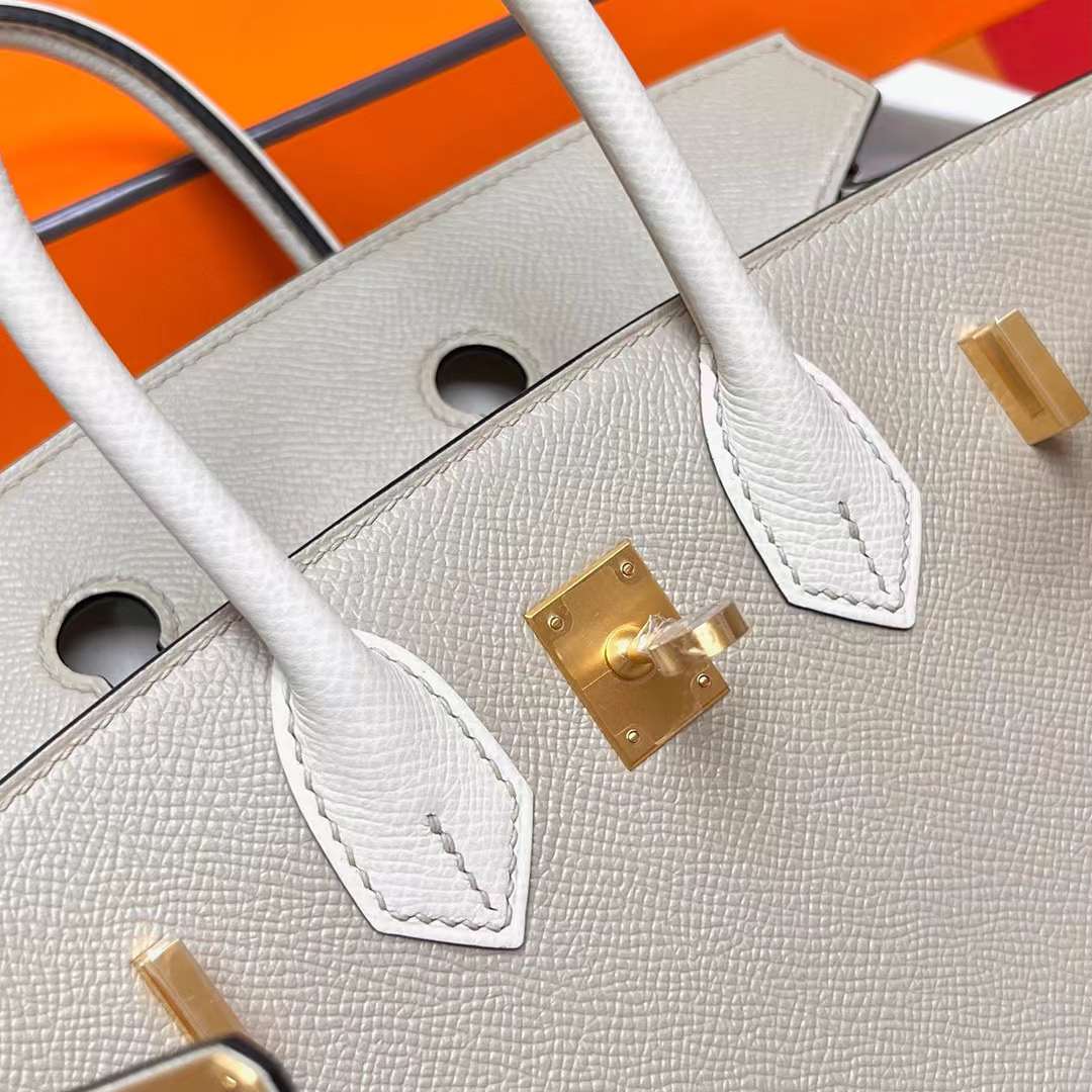 Hermès（爱马仕）Birkin 铂金包 Sellier Epsom S2 风衣灰 拼 ck10 奶昔白 拉丝金扣 25cm 全手工蜡线缝制 MPhw