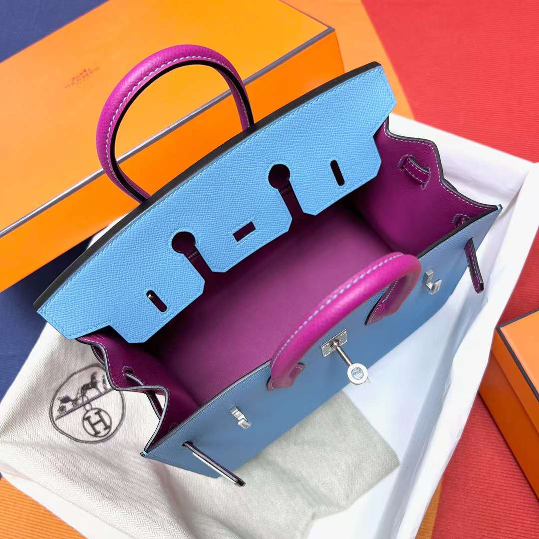 Hermès（爱马仕）Birkin 铂金包 Sellier Epsom P3 北方蓝 拼 L3 玫瑰紫 拉丝银扣 25cm 全手工蜡线缝制 MPhw
