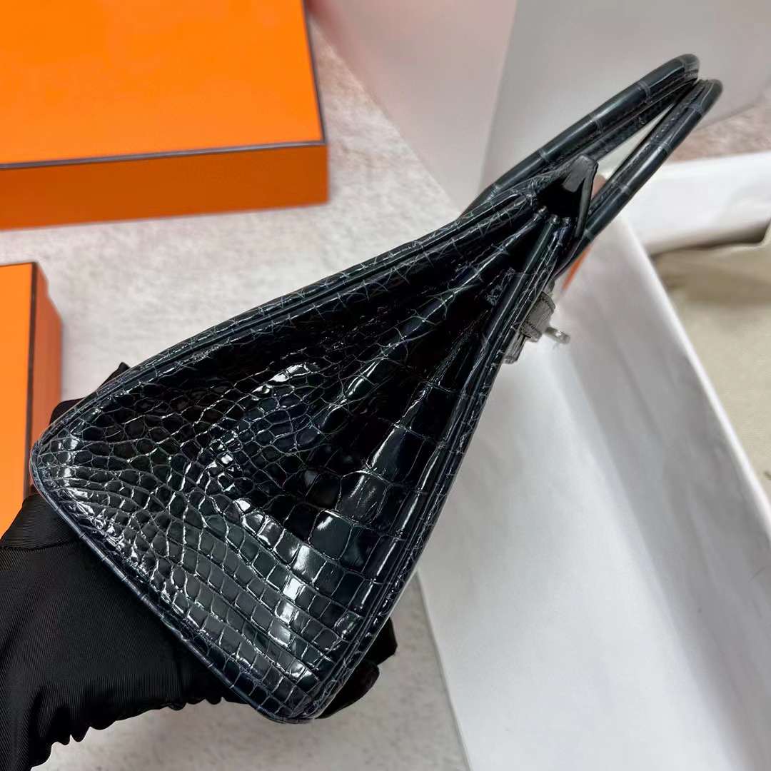 Hermès（爱马仕）Birkin 铂金包 亮面美洲鳄鱼皮 Shiny Alligator Crocodile 6Q 翡翠绿 银扣 25cm 全手工蜡线缝制 Phw