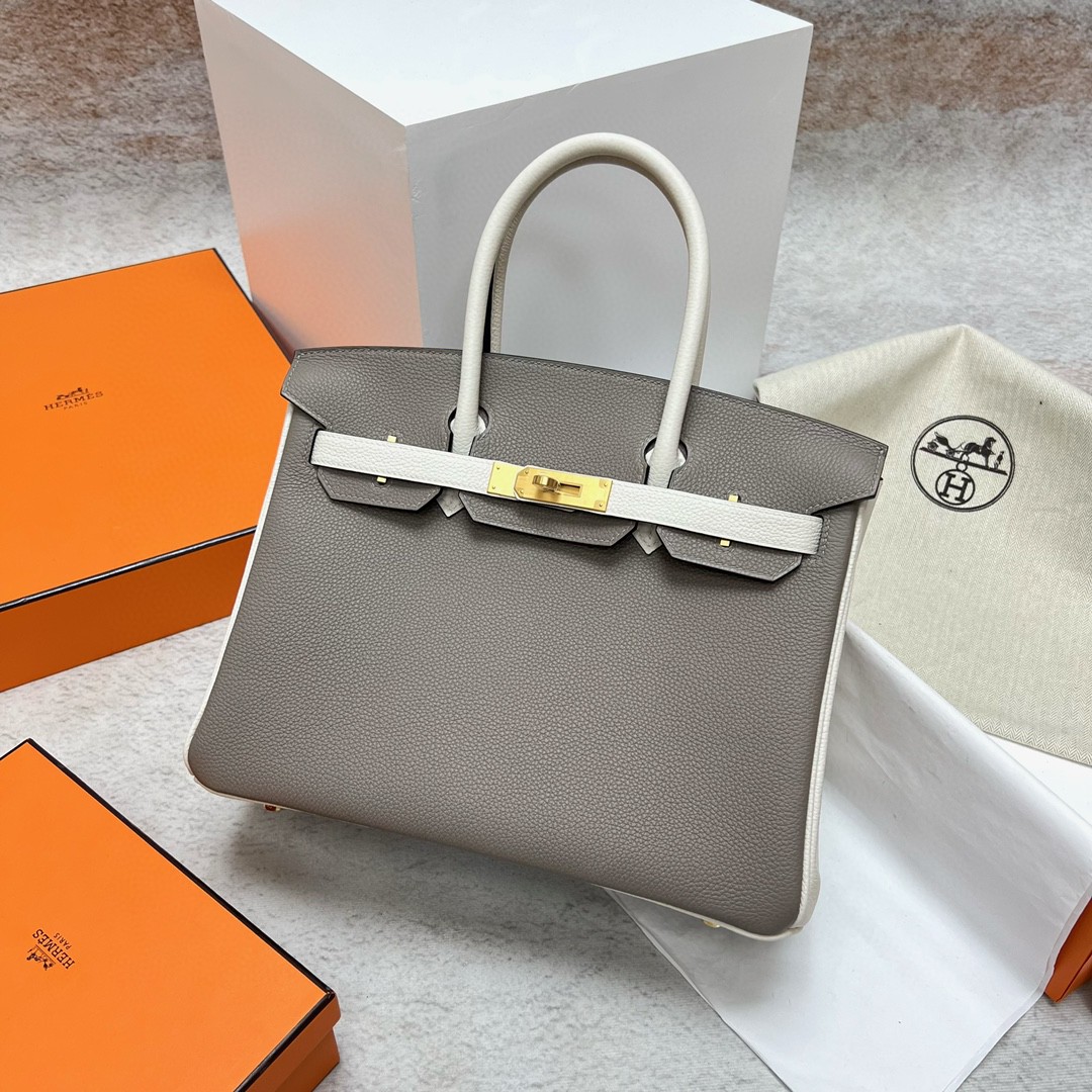 Hermès（爱马仕）Birkin 铂金包 togo 小牛皮 沥青灰 拼 奶油白 金扣 GHW 马蹄印 30cm 顶级手缝