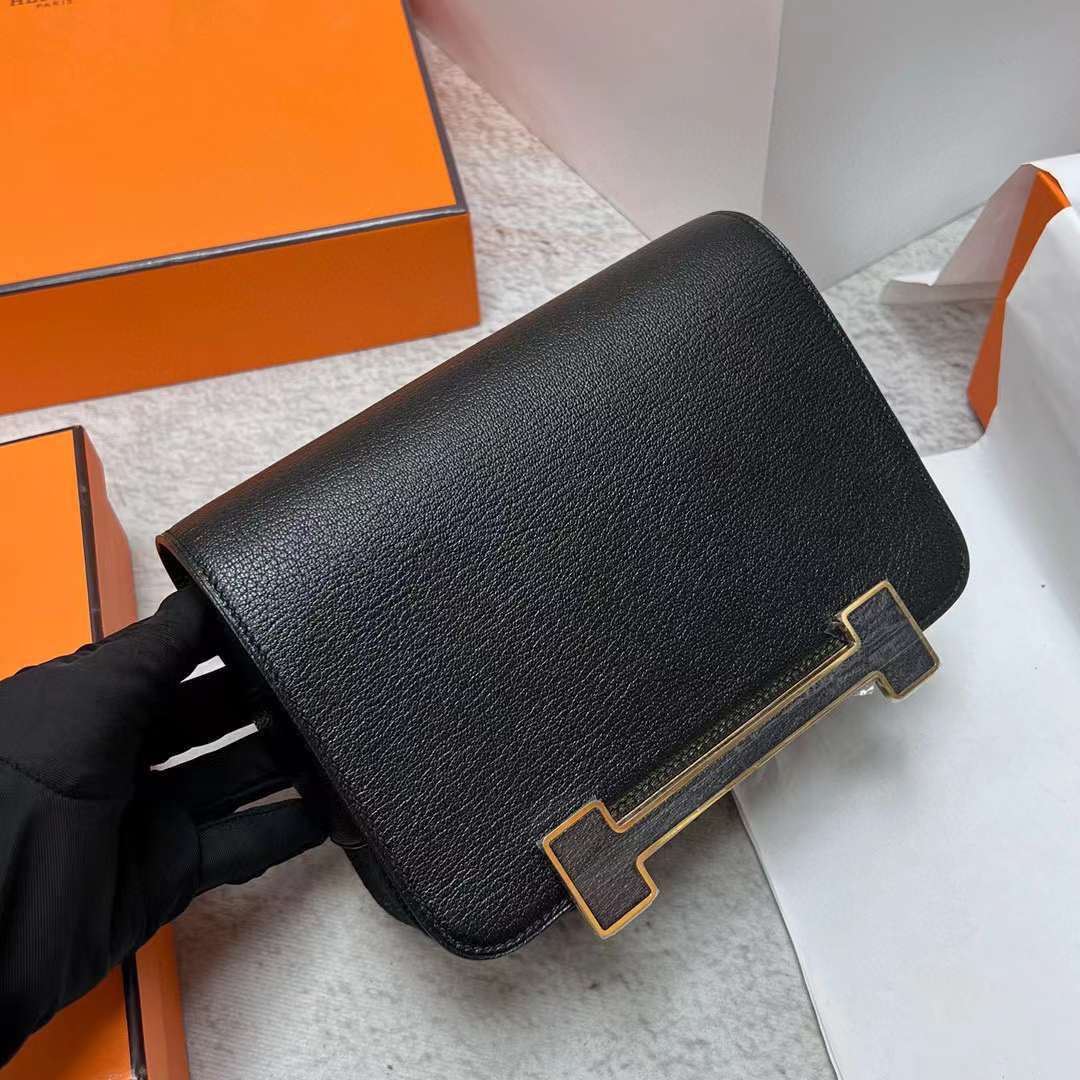 Hermès（爱马仕）Geta 木屐包 Chevre 进口山羊皮 Ck89 黑色 金扣 20cm 全手工蜡线缝制 Ghw