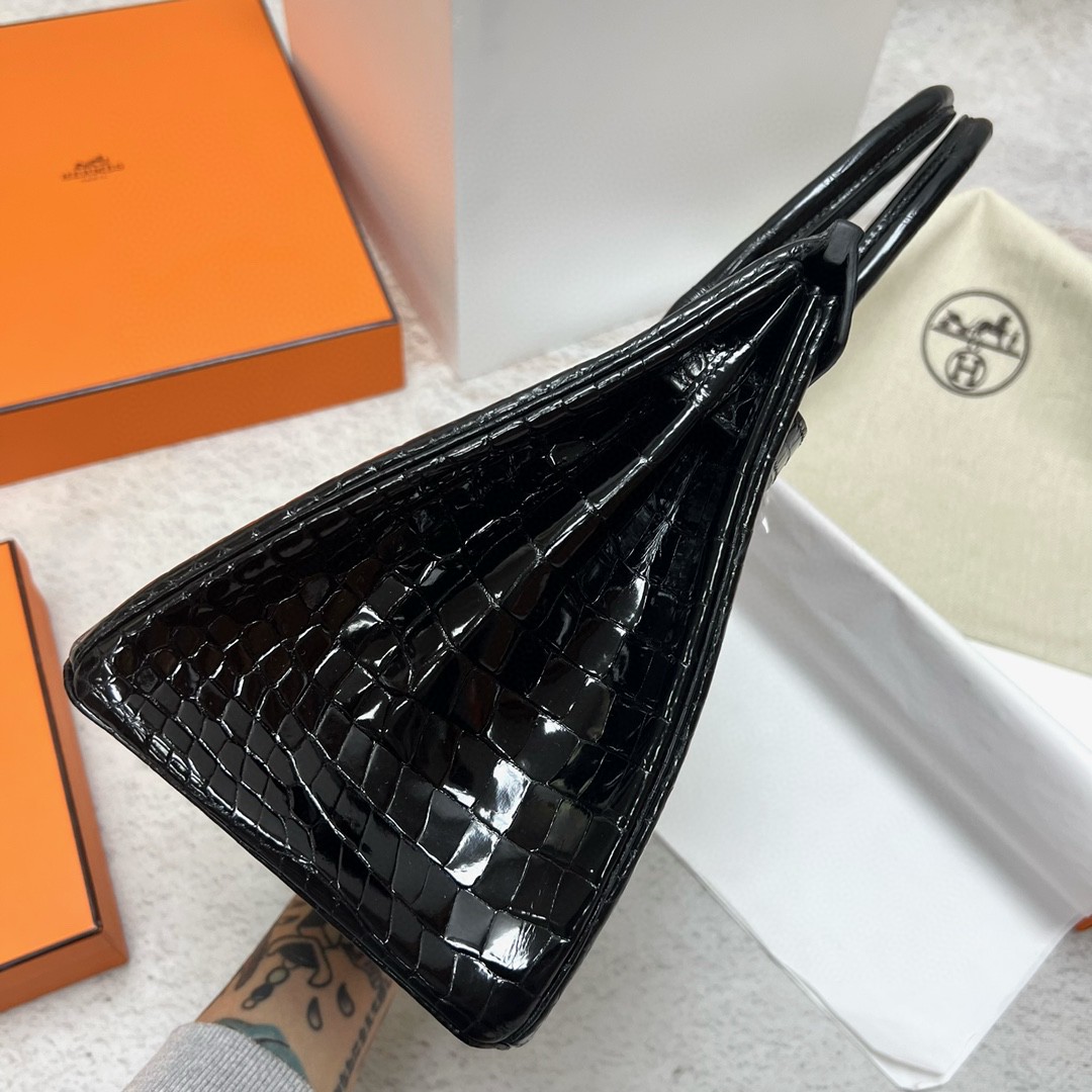 Hermès（爱马仕）Birkin 铂金包 Porosus shiny 亮面鳄鱼皮 ck89 黑色 Noir 银扣 PHW 30cm 顶级手缝