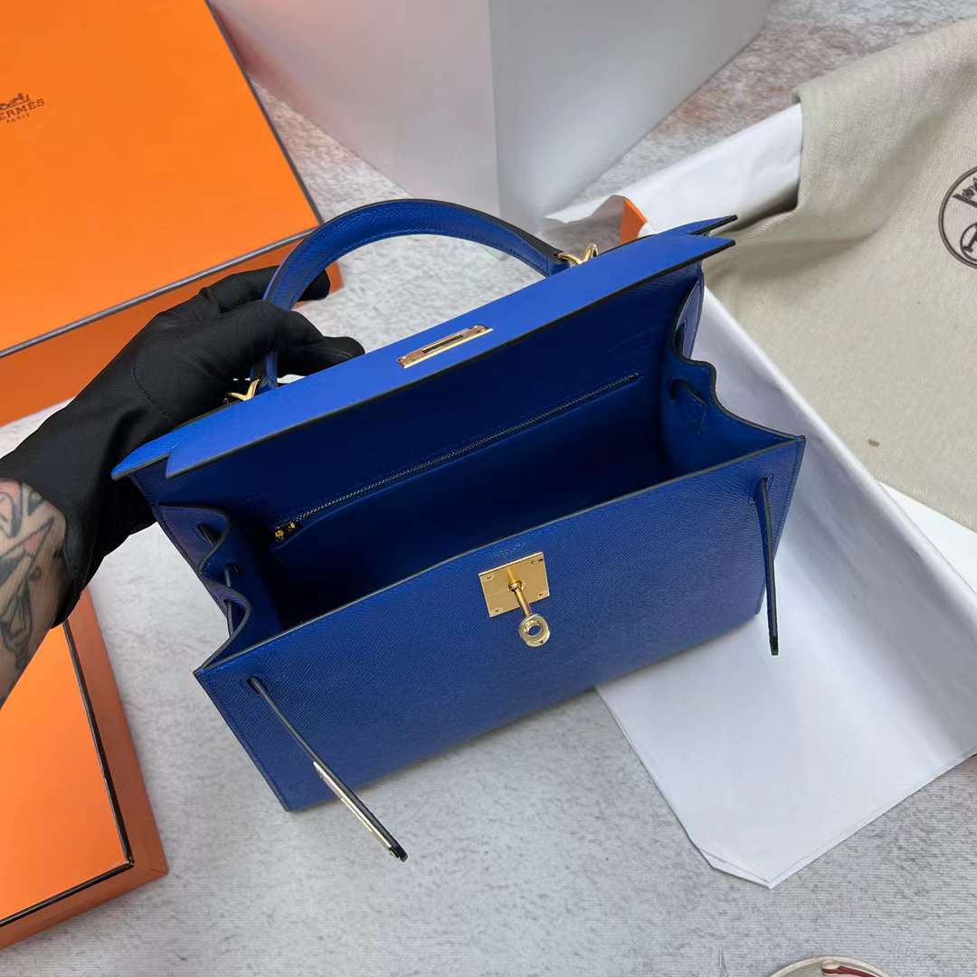 Hermès（爱马仕）Kelly 凯莉包 Epsom O8 法国蓝 金扣 28cm 全手工蜡线缝制 Phw