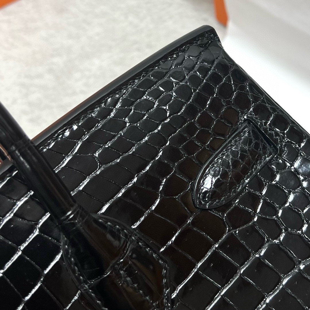 Hermès（爱马仕）Birkin 铂金包 Porosus shiny 亮面鳄鱼皮 ck89 黑色 Noir 银扣 PHW 30cm 顶级手缝