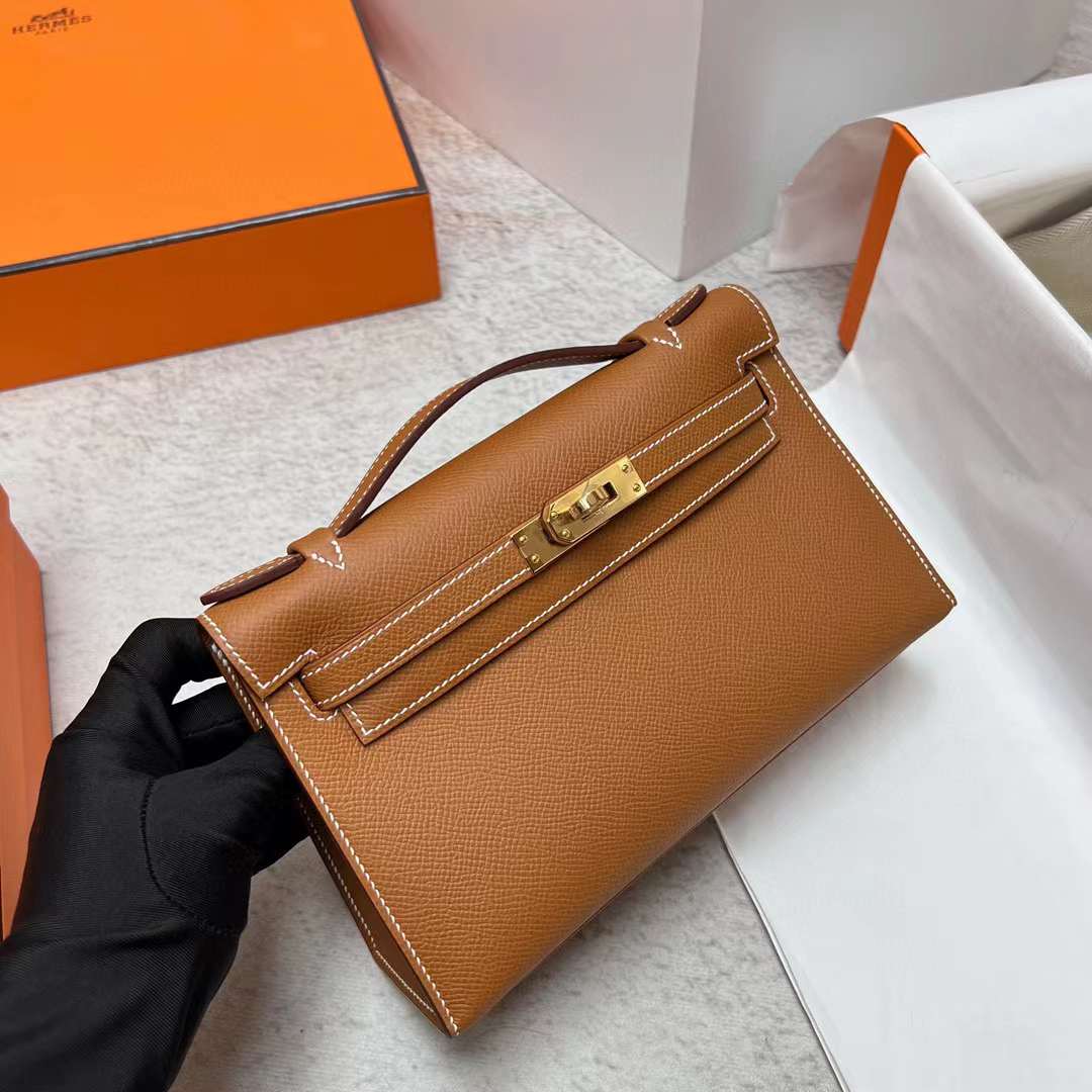 Hermès（爱马仕）Mini Kelly Pochette Epsom Ck37 金棕色 金扣 22cm 全手工蜡线缝制 Ghw