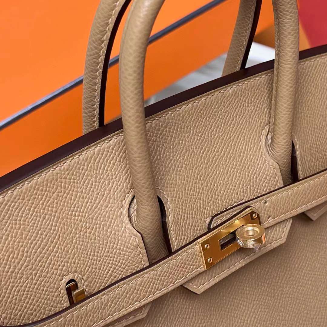 Hermès（爱马仕）Birkin 铂金包 Sellier Epsom 0M 奶茶色 金扣 25cm 全手工蜡线缝制 Ghw