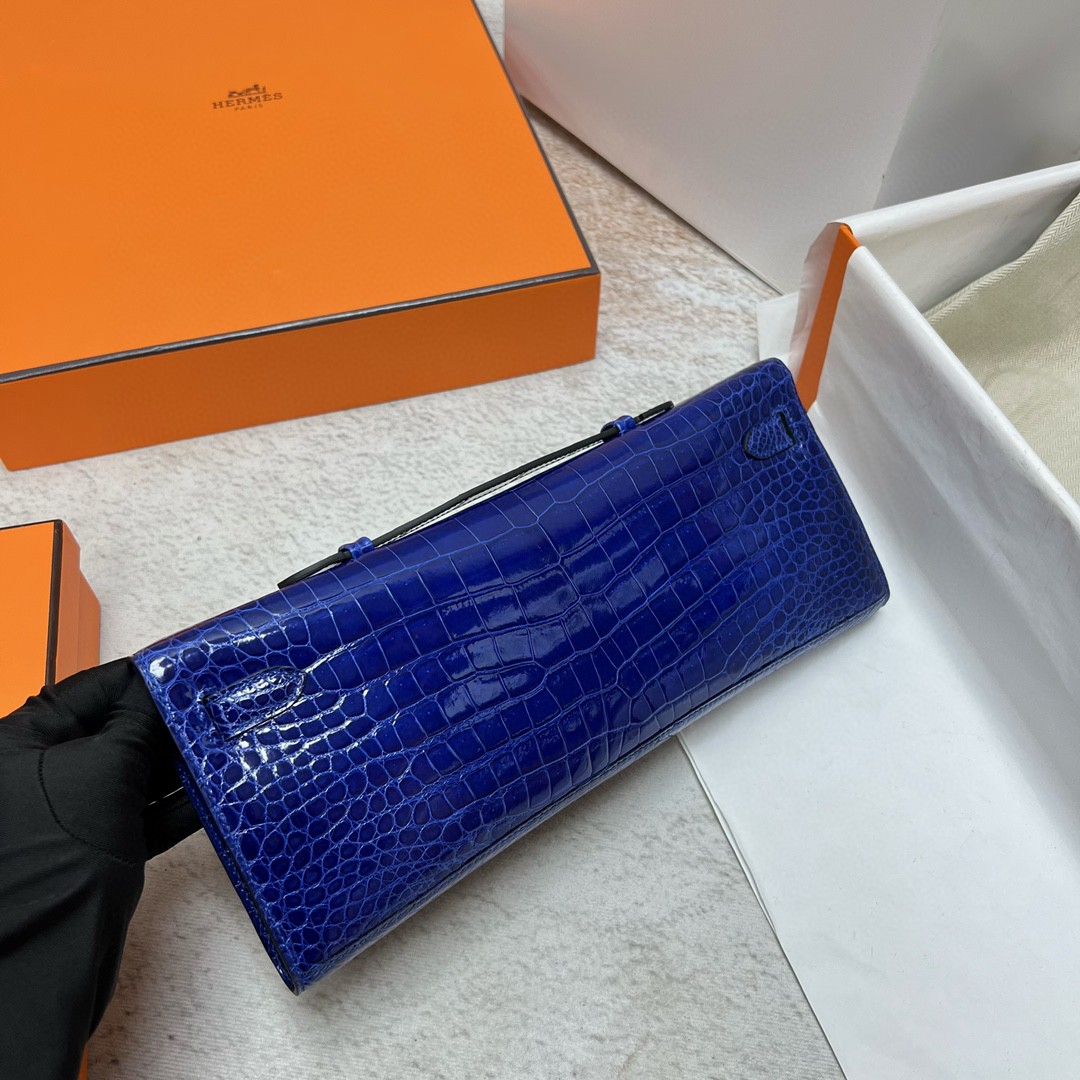 Hermès（爱马仕）Kelly cut Porosus shiny 亮面鳄鱼皮 7T 电光蓝 blue eletric 银扣 PHW 31cm 顶级手缝