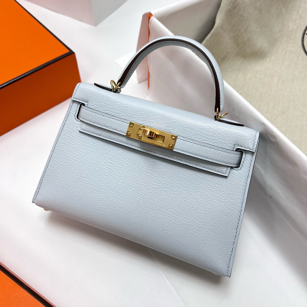 Hermès（爱马仕）Mini kelly 迷你凯莉 chevre 山羊皮 T0 雾蓝色 金扣 GHW 19cm 顶级手缝