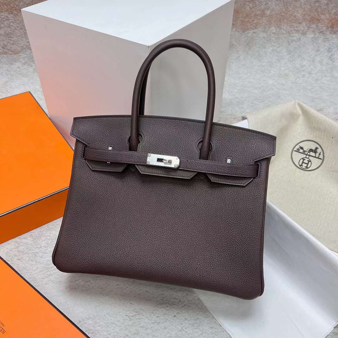 Hermès（爱马仕）Birkin 铂金包 Togo Ck46 乌木色 银扣 30cm 全手工蜡线缝制 Phw