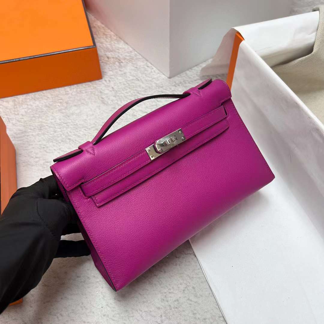 Hermès（爱马仕）Mini Kelly Pochette Swift L3 玫瑰紫 银扣 22cm 全手工蜡线缝制 Phw