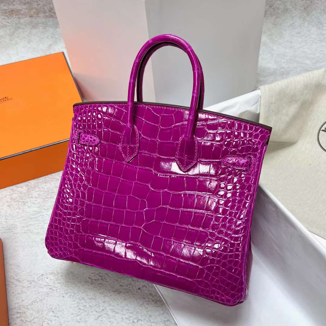 Hermès（爱马仕）Birkin 铂金包 亮面美洲鳄鱼皮 J5 天方夜谭粉紫 金扣 25cm 全手工蜡线缝制 Ghw