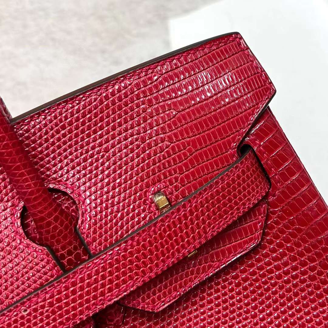 Hermès（爱马仕）Birkin 铂金包 Lizard 进口蜥蜴皮 Q5 国旗红 金扣 30cm 全手工蜡线缝制 Ghw