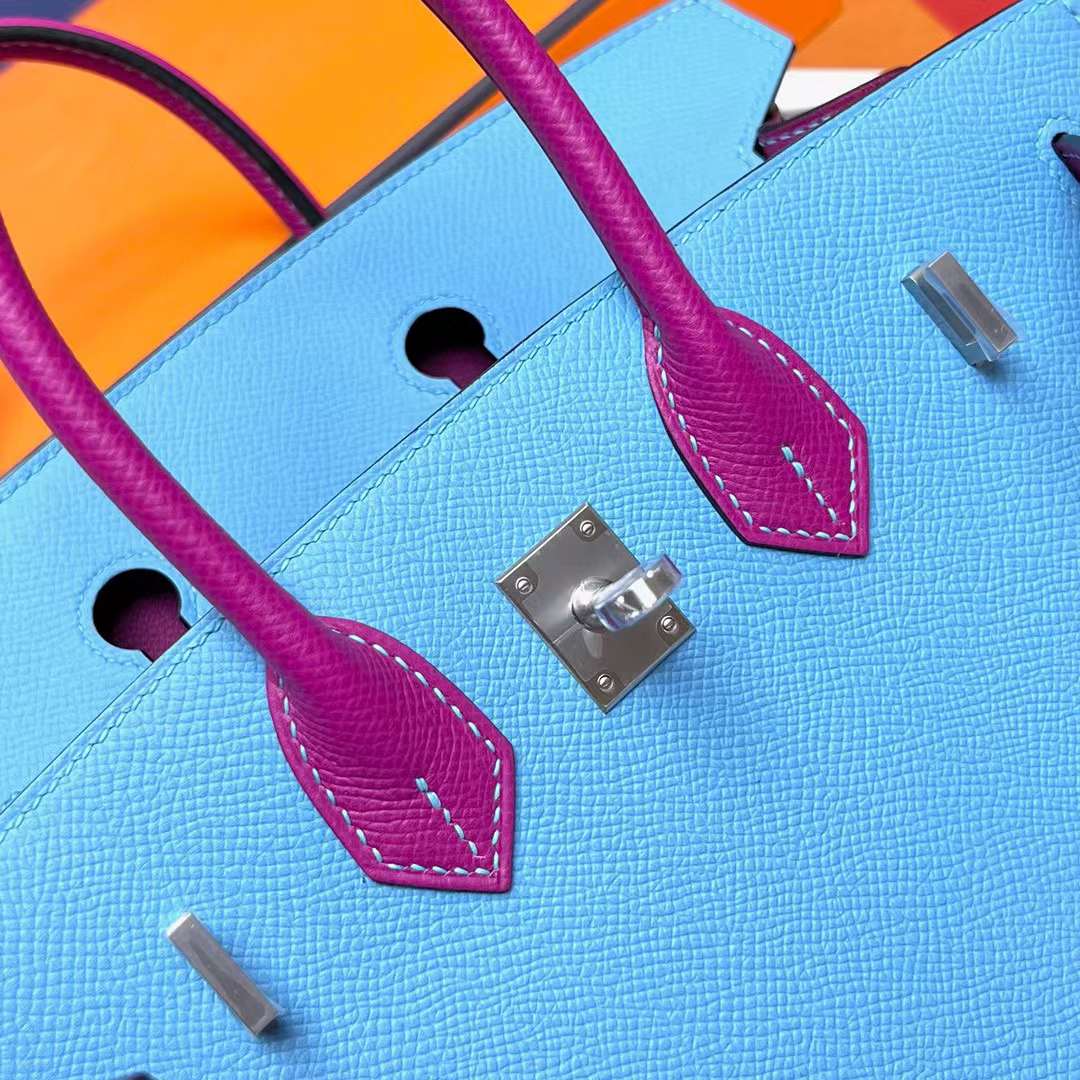 Hermès（爱马仕）Birkin 铂金包 Sellier Epsom P3 北方蓝 拼 L3 玫瑰紫 拉丝银扣 25cm 全手工蜡线缝制 MPhw