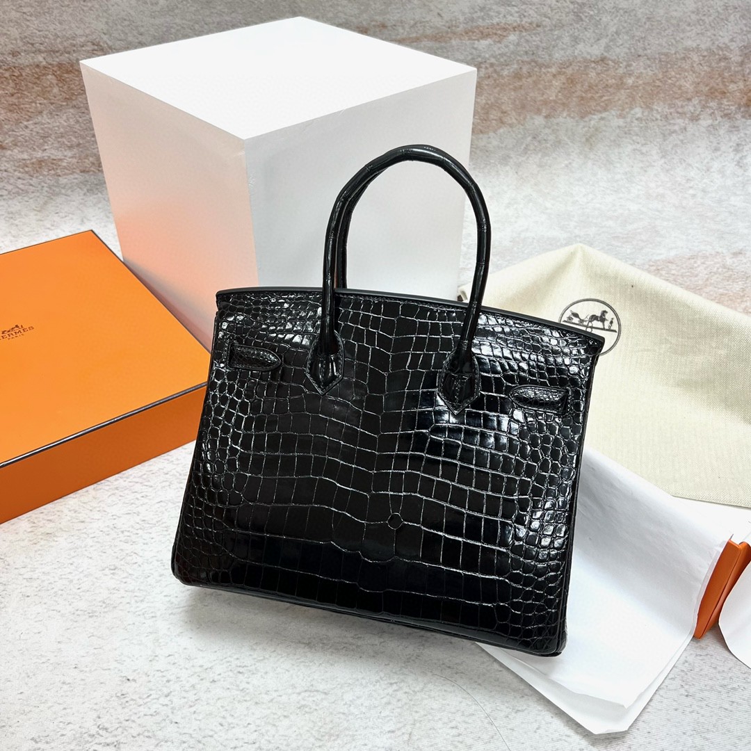 Hermès（爱马仕）Birkin 铂金包 Porosus shiny 亮面鳄鱼皮 ck89 黑色 Noir 银扣 PHW 30cm 顶级手缝