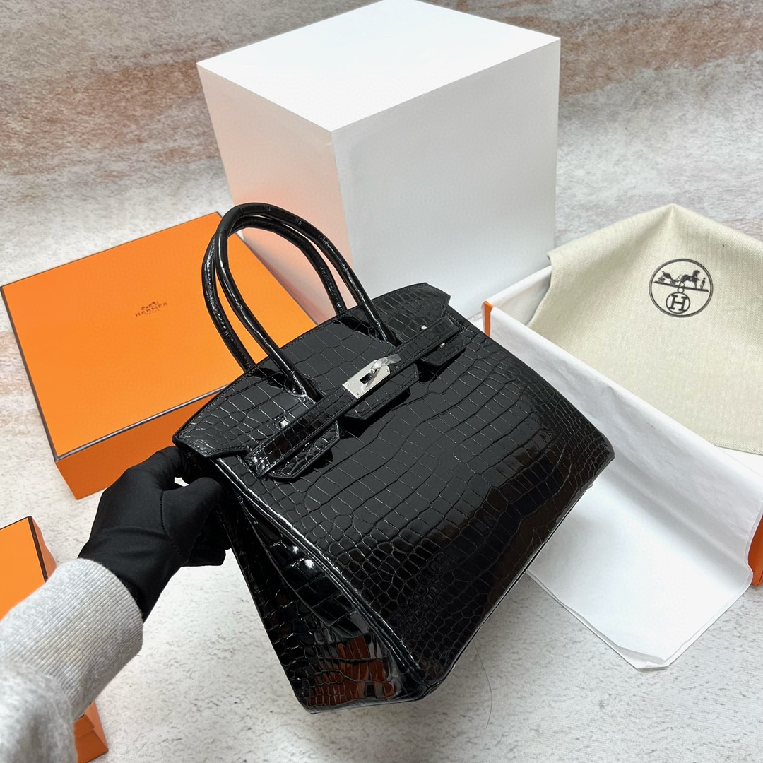 Hermès（爱马仕）Birkin 铂金包 Porosus shiny 亮面鳄鱼皮 ck89 黑色 Noir 银扣 PHW 30cm 顶级手缝
