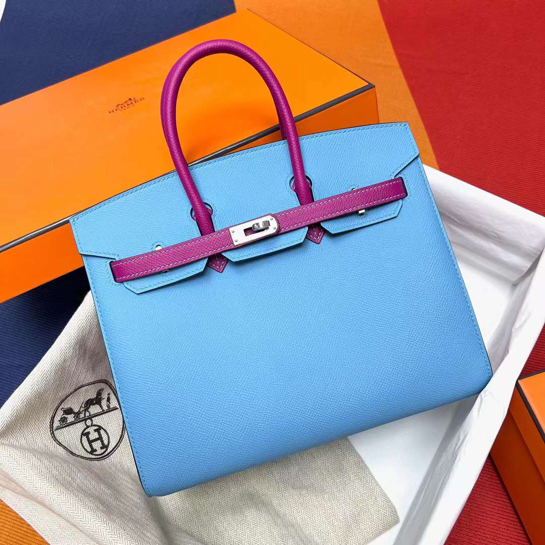 Hermès（爱马仕）Birkin 铂金包 Sellier Epsom P3 北方蓝 拼 L3 玫瑰紫 拉丝银扣 25cm 全手工蜡线缝制 MPhw