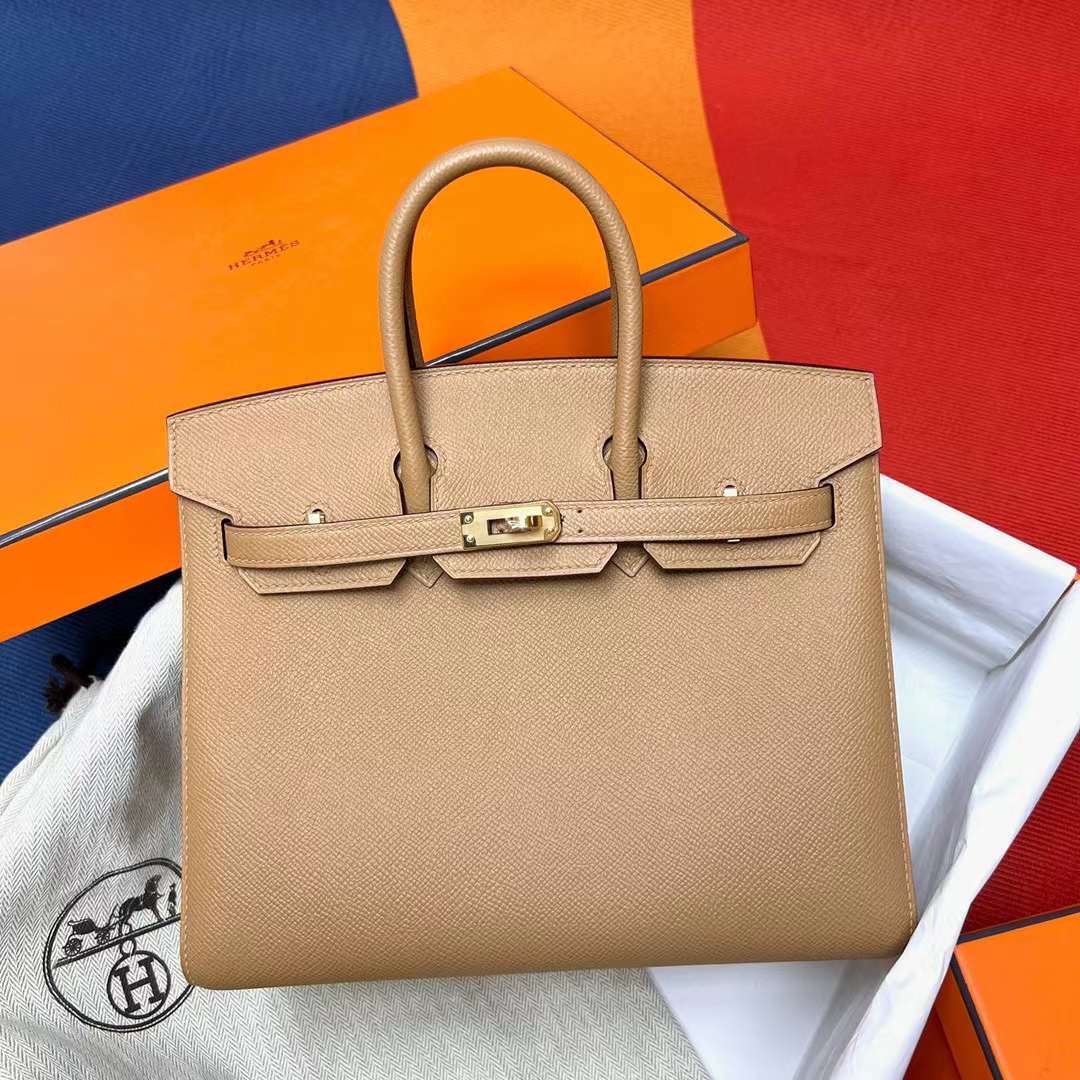 Hermès（爱马仕）Birkin 铂金包 Sellier Epsom 0M 奶茶色 金扣 25cm 全手工蜡线缝制 Ghw
