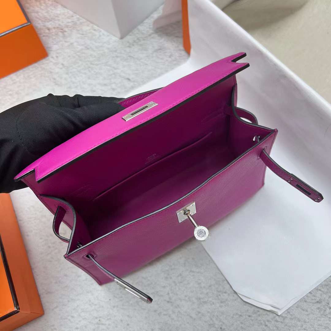 Hermès（爱马仕）Mini Kelly Pochette Swift L3 玫瑰紫 银扣 22cm 全手工蜡线缝制 Phw