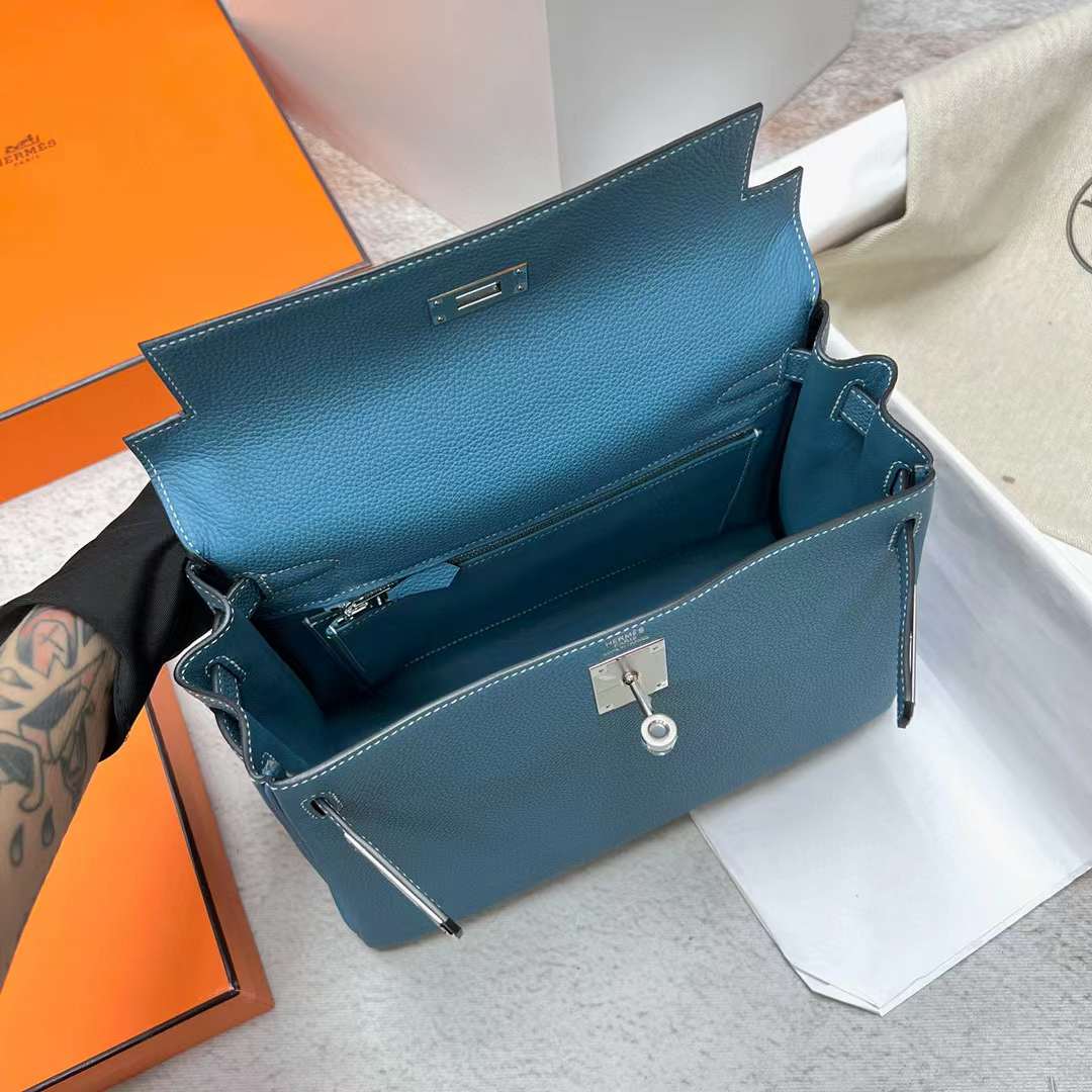 Hermès（爱马仕）Kelly 凯莉包 Togo Ck75 牛仔蓝 银扣 28cm 全手工蜡线缝制 Phw