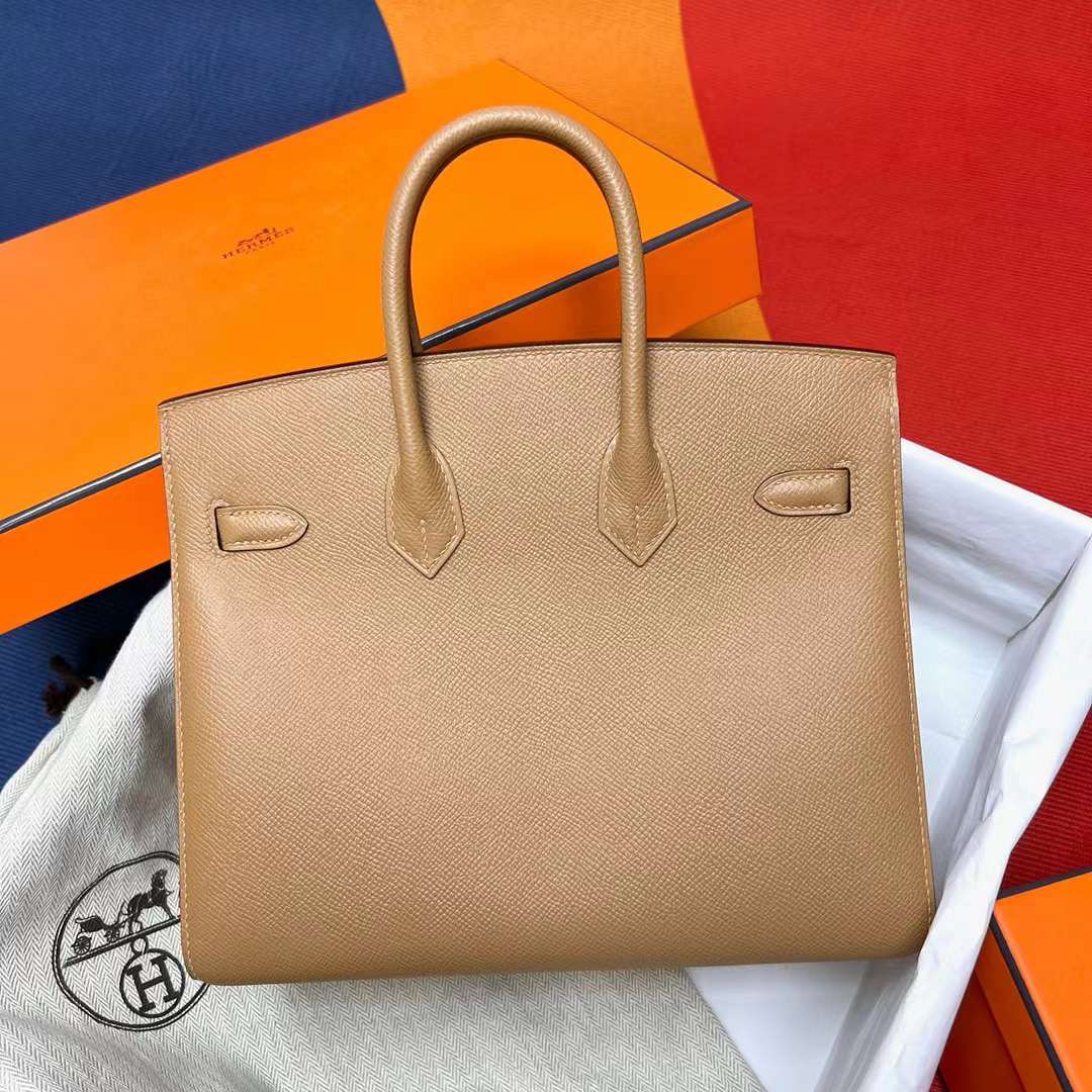 Hermès（爱马仕）Birkin 铂金包 Sellier Epsom 0M 奶茶色 金扣 25cm 全手工蜡线缝制 Ghw