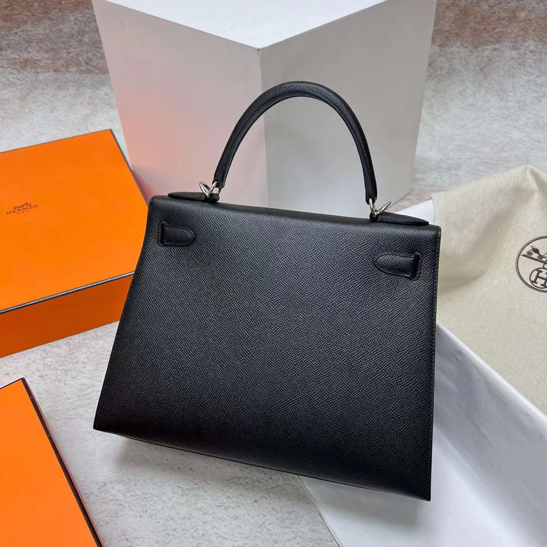 Hermès（爱马仕）Kelly 凯莉包 Epsom Ck89 黑色 银扣 28cm 全手工蜡线缝制 Ghw